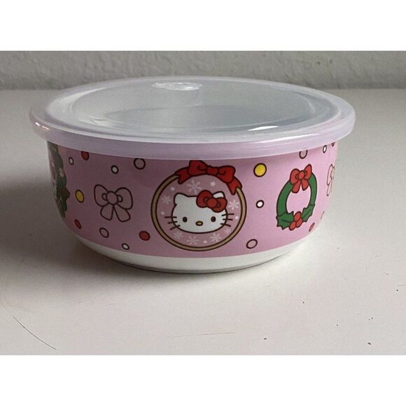 Hello Kitty Christmas Pressure Lid Ceramic Food Storage Bowl Pink LARGE NEW - Picture 4 of 9
